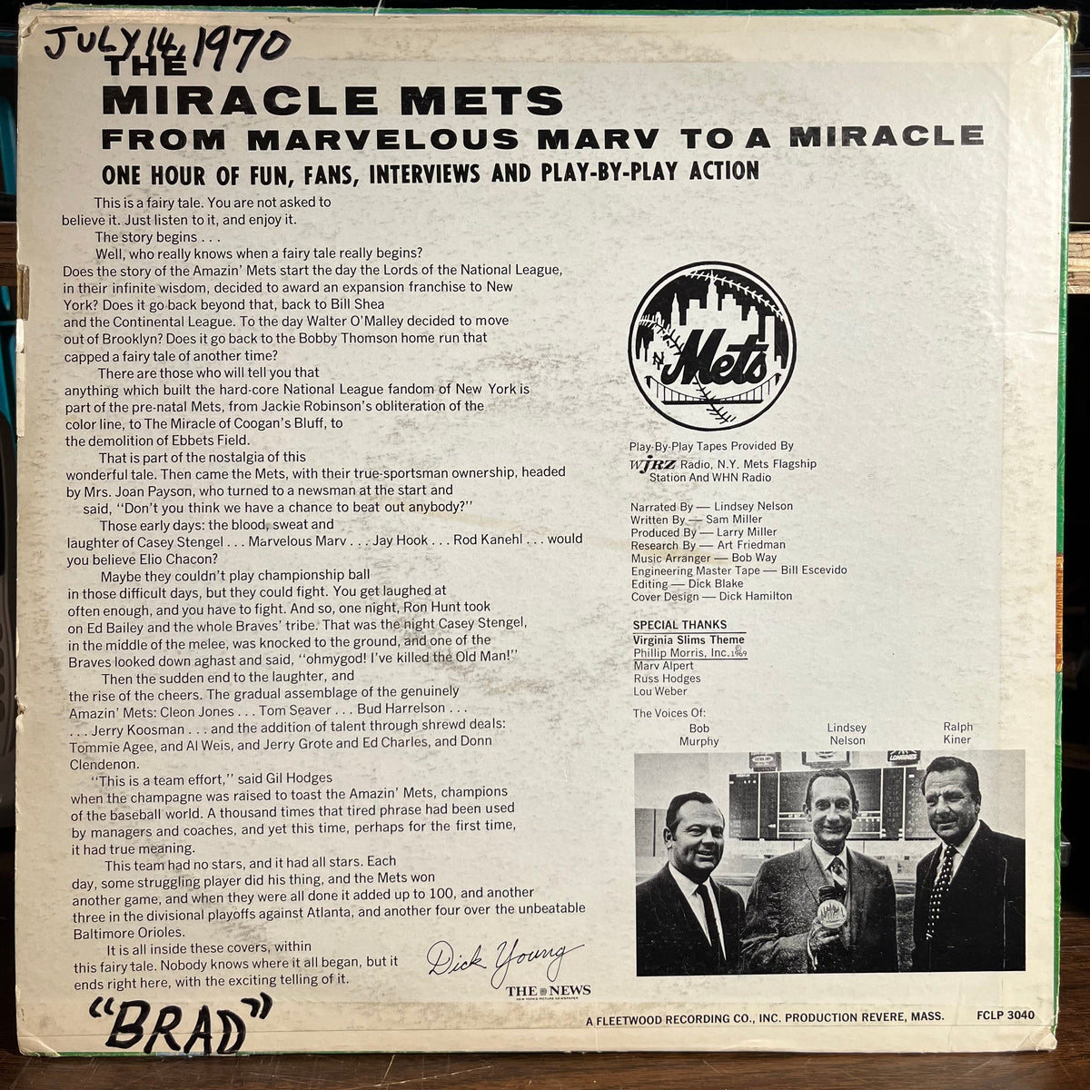 The New York Mets - The Miracle Mets - From Marvelous Marv To A Miracle In Play-By-Play Action (VINYL) | Near Mint- (NM-) Excellent (EX)-EmojiWear